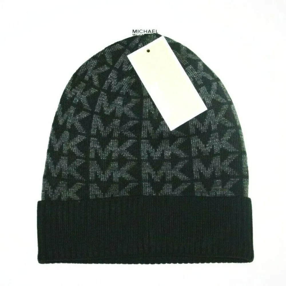 Michael Kors Women's Signature Logo Print Beanie Winter Hat One Size Gray black